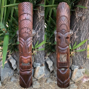 2 set of Hand Carved Hawaiian Style Tiki Totem Wooden Mask 39"x 6"in