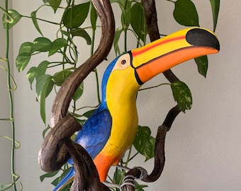 Blue and Yellow Toucan Handcrafted Wood Hanging Bird Statue  20"in Beak to Tail