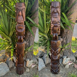 Hawaiian Tiki Gods Ku and Kane, Lono and Kanaloa Wood Carved Half Statue Set Bar Patio Decor 5 ft