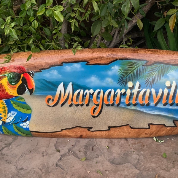 Tropical Parrot Drinking a Margarita Surfboard Wall Plaque  39"x 10"