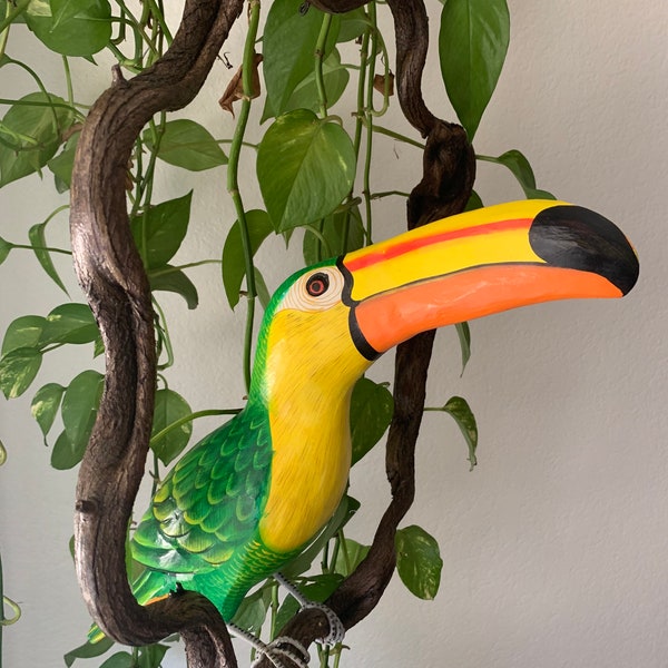 Green and Yellow Toucan Handcrafted Wood Hanging Bird Statue  20"in Beak to Tail