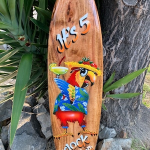 It’s 5 0'clock Somewhere  Tropical Drinking Parrot Airbrushed Surfboard Wall Plaque Mango Wood Tiki Bar  39"x 10"