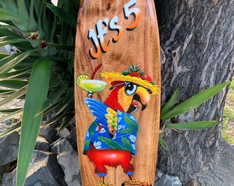 It’s 5 0'clock Somewhere  Tropical Drinking Parrot Airbrushed Surfboard Wall Plaque Mango Wood Tiki Bar  39"x 10"