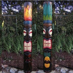 5 Foot Set of Hand Carved Wooden Tiki Totem Masks Tropical Bar Patio Decor 60"x 6-7"in