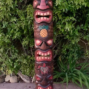 2 Set of Tiki Totem Masks 3 Face Hand Carved Tropical Bar Patio Decor 39x 6in image 3