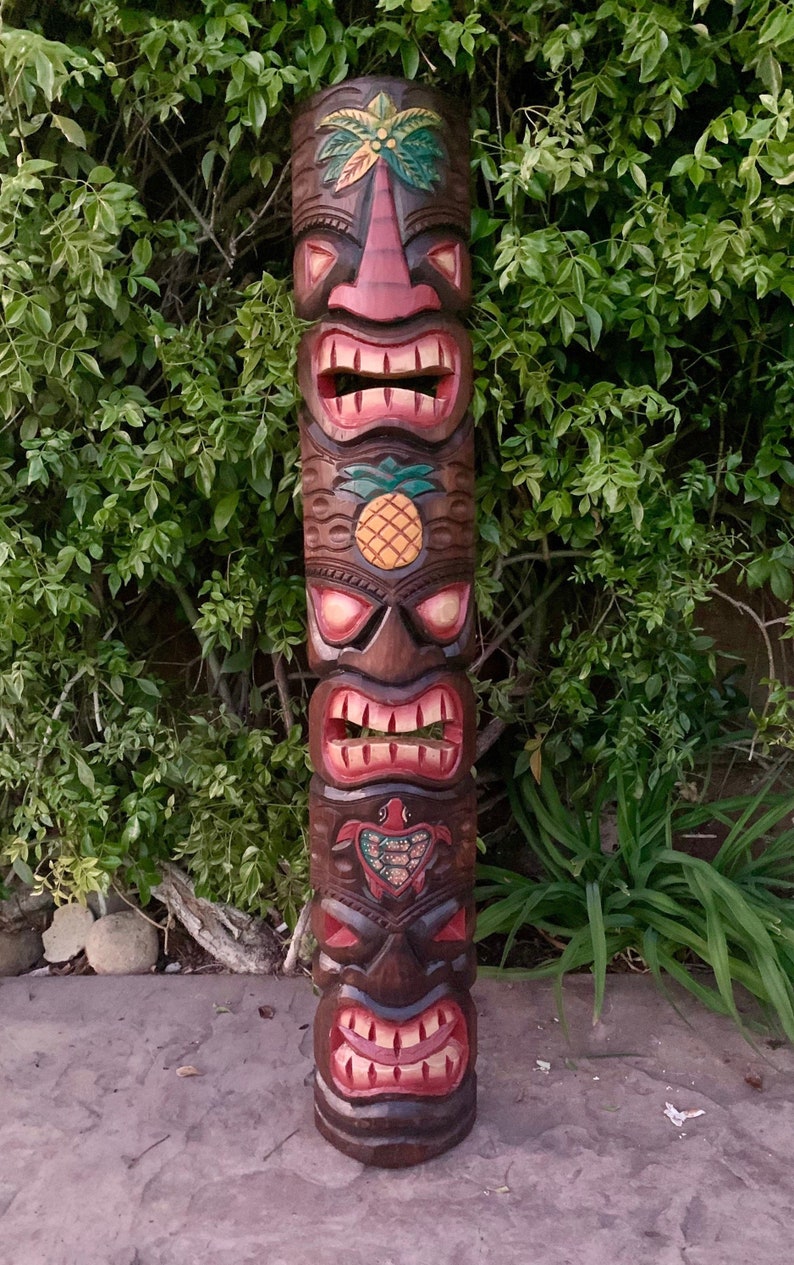 2 Set of Tiki Totem Masks 3 Face Hand Carved Tropical Bar Patio Decor 39x 6in image 3