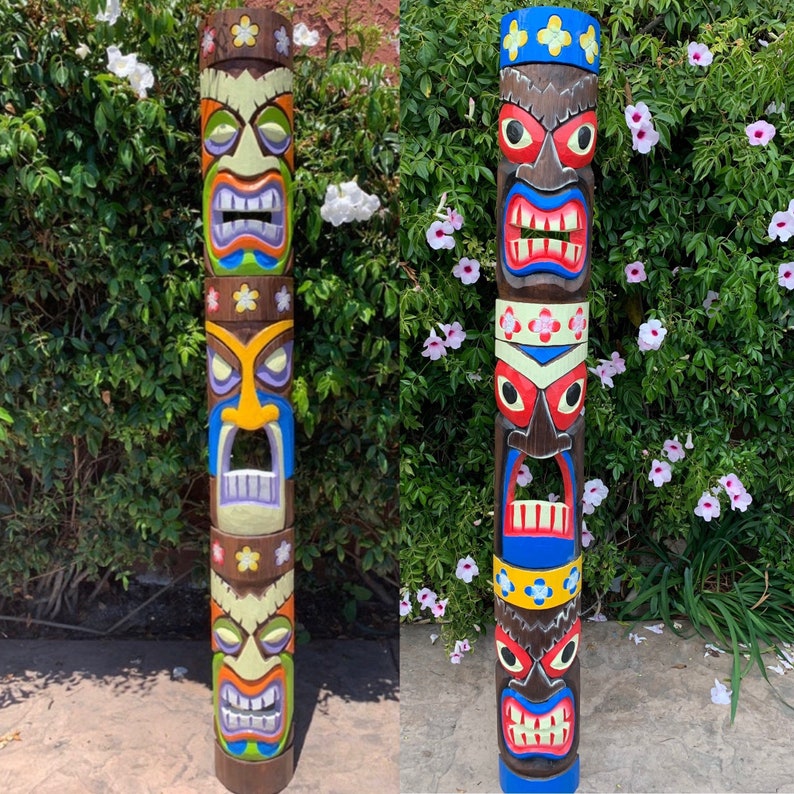 5 Foot Set of Hand Carved Wooden Tiki Totem Masks Tropical Bar Etsy