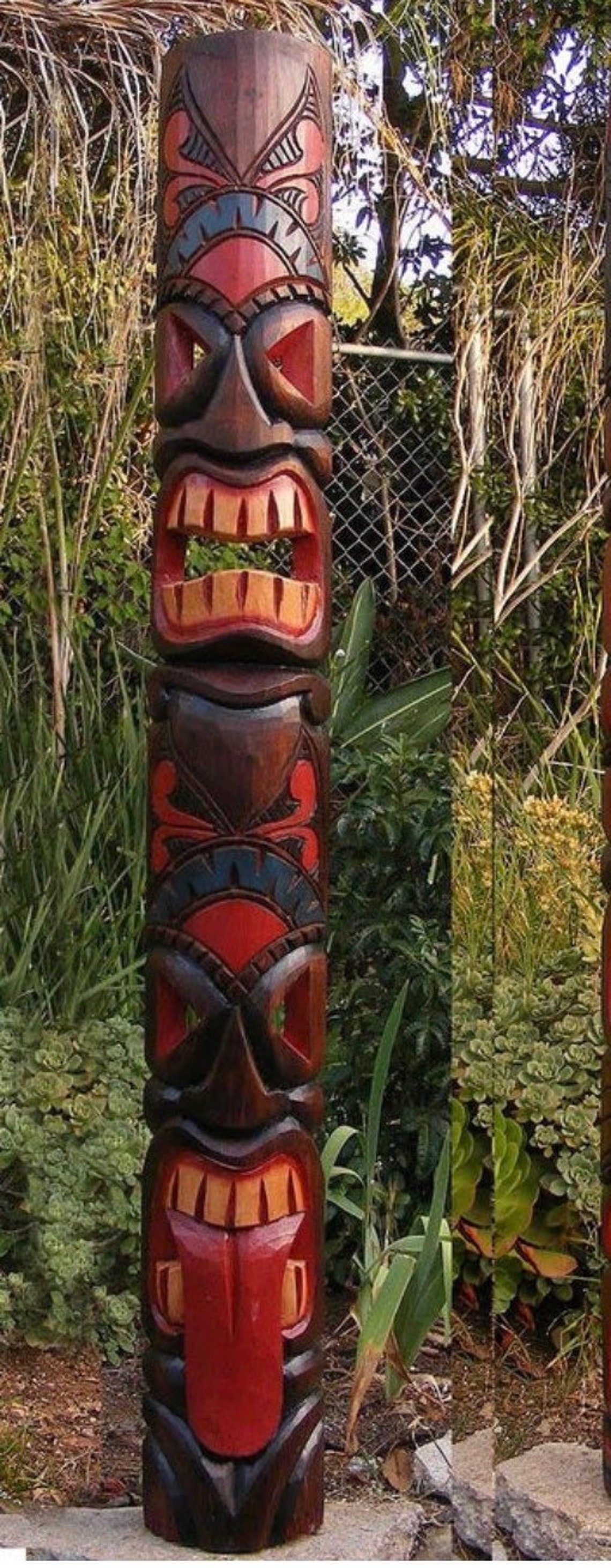 5 Foot Set of Hand Carved Wooden Tiki Totem Masks Tropical Bar | Etsy