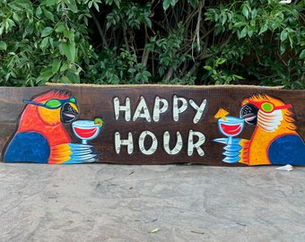 Big Happy Hour Tiki Bar Sign Tropical Drinking Parrots Wood Carved Bar Decor  40”x 10” inches