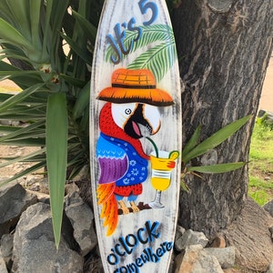 It’s 5 0'clock Somewhere  Tropical Drinking Parrot Airbrushed Surfboard Wall Plaque Mango Wood Tiki Bar  39"x 10"