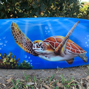 Tropical Ocean Sea Turtle Airbrushed Mango Wood Decorative Surfboard Plaque 39"x10"