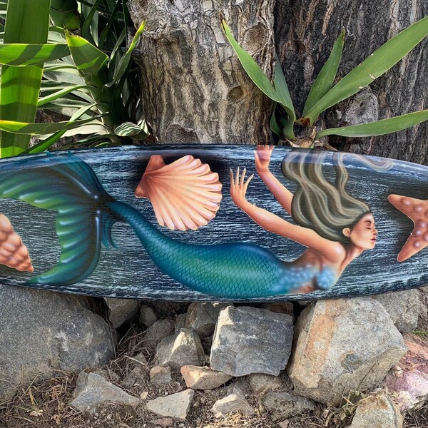 Mermaid and Sea Shell Airbrushed Decorative Surfboard Wall Plaque Mango Wood Coastal Decor 39"x 10"