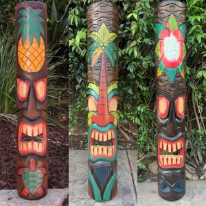 3 Set of Tropical Tiki Totem Masks Hand Carved Tropical Bar Patio Decor 39"x 6"in