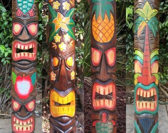 4 Set of Hand Carved Wooden Tiki Totem Masks Tropical Bar Patio Decor 39"x 6"in