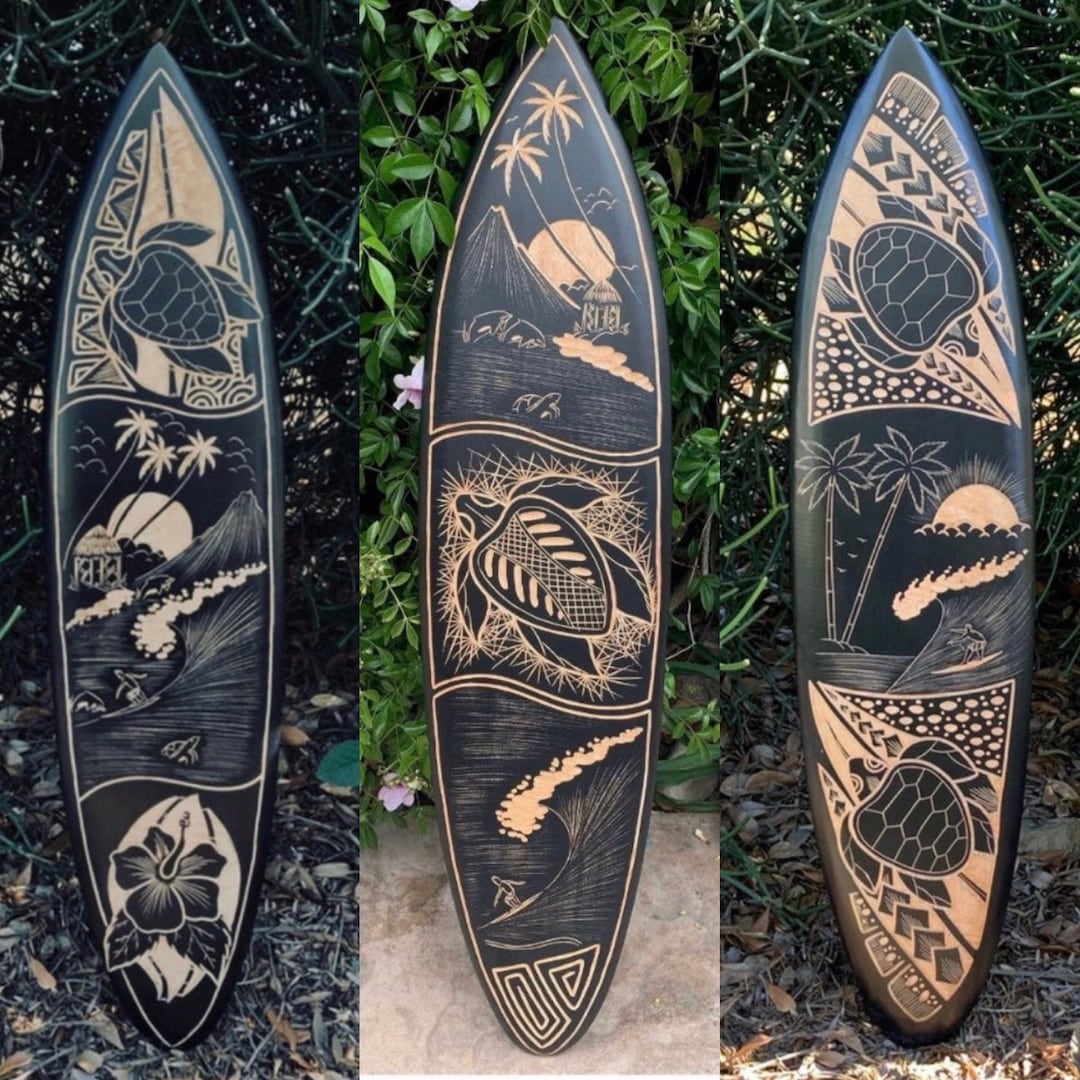 3 Set of Tribal Decorative Surfer Surfboard Wall Plaques Hibiscus Sea