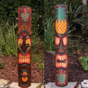 2 Set of Tahitain Tiki Totem Masks Pineapple and Hono Hand Carved Tropical Bar Patio Decor 39"x 6"in