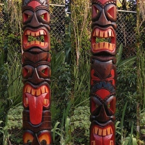 5 Foot Set of Hand Carved Wooden Tiki Totem Masks Tropical Bar Patio Decor 60"x 6-7"in