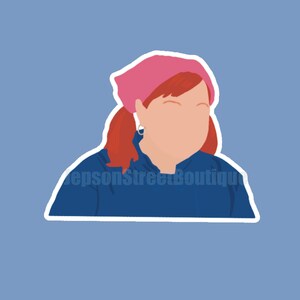 May include: Illustration of a person with red hair wearing a pink beanie and a blue shirt.
