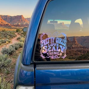 May include: A holographic decal applied to a blue truck window featuring the text "PRETTY GIRLS LOVE SCALY THINGS" in a stylized font, surrounded by a decorative border of snakes and lizards, creating a reflective and iridescent appearance.