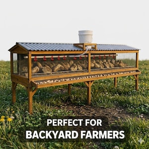 Op de afbeelding: Een grote houten kwarrelhok met een golfplaten dak, gaas zijkanten en een rij rode drinkbakken. Het hok staat op houten poten en heeft een trog voor eieren. De tekst "PERFECT FOR BACKYARD FARMERS" staat onderaan.