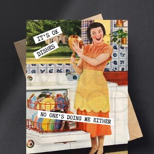 Don't Worry Dishes Vintage 50's Mid Century Retro Married Couple Housewife Anniversary Birthday Funny Snarky Greeting Card