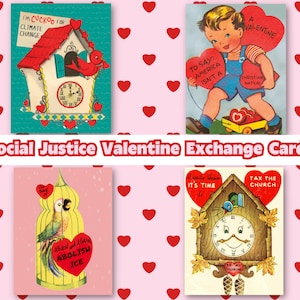 Sprawiedliwość społeczna Zmiany klimatyczne Walentynki Galentine Exchange Mini karty Ekolog Socjalizm Opodatkować Kościół Dorosły Zabawny Vintage MCM