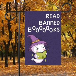 Read Banned Books Halloween Yard Flag Classroom Seasonal Banner Cute Ghost Spooky Garden Decor Liberal Anti-GOP Porch Lawn Sign Gift