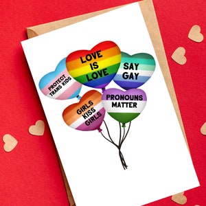 El amor es amor Diga Gay Proteger Trans Niños Pronombres Materia Chicas Beso Lesbiana Bi LGBTQ Día de San Valentín Galentine Orgullo Bandera Globo Tarjeta liberal