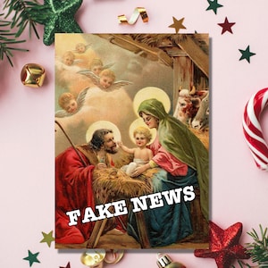 キリスト降誕、フェイクニュース、ホリデーグリーティングカード、反宗教、クリスマス、面白い活動家、無神論者、不可知論者、左翼、社会主義者、イエス、マリア、季節の贈り物