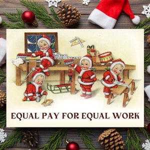 Salário igual para trabalho igual Cartão de Natal Liberal Pró União Solidariedade Coma os ricos Feriado dos anos 50 MCM Retro Antifascista Justiça Social Saudação