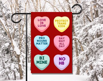 LGBTQIA Valentine Conversation Hearts Porch Decor Ally Liberal Activist Garden Flag Yard Bunting Banner