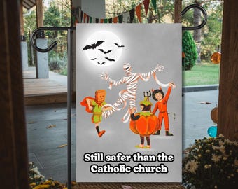 Bandera de Halloween de izquierdas para jardín, aún más segura que la pancarta de jardín de la iglesia, decoración atea con religión sarcástica, pancarta de protesta política, letrero de otoño para porche.
