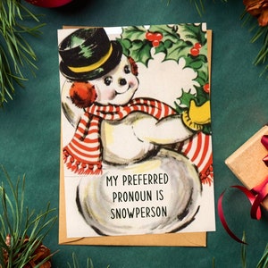 Snowperson pronome não binário boneco de neve lgbtq cartão de natal feriado meados do século mcm retro bonito lésbica queer presente político do vintage