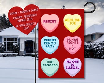 Abolish ICE Candy Hearts Yard Flag 12x18 | No One Is Illegal | Defend Democracy Garden Flag | Progressive Valentine Protest