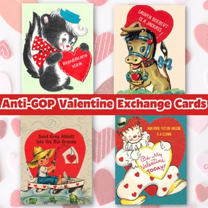 Anty-GOP Republikańska Galentine Walentynkowa wymiana Mini kart Demokratyczna Lewicowa Polityczna Vintage MCM Liberalna Boebert Greg Abbott MGT Tx Co Ga