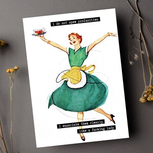 Spew Profanities 50's Mid Century Retro Pareja casada Ama de casa Aniversario Cumpleaños Divertido Snarky Tarjetas de felicitación