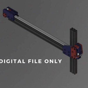 May include: A 3D rendering of a mechanical component, featuring a long, silver rail with blue and red connectors. The text "DIGITAL FILE ONLY" is displayed in white.