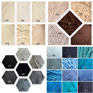 May include: A collection of 30 yarn skeins in various colors, including beige, brown, gray, blue, and black. The yarn is arranged in a grid pattern with numbers 01 through 30.