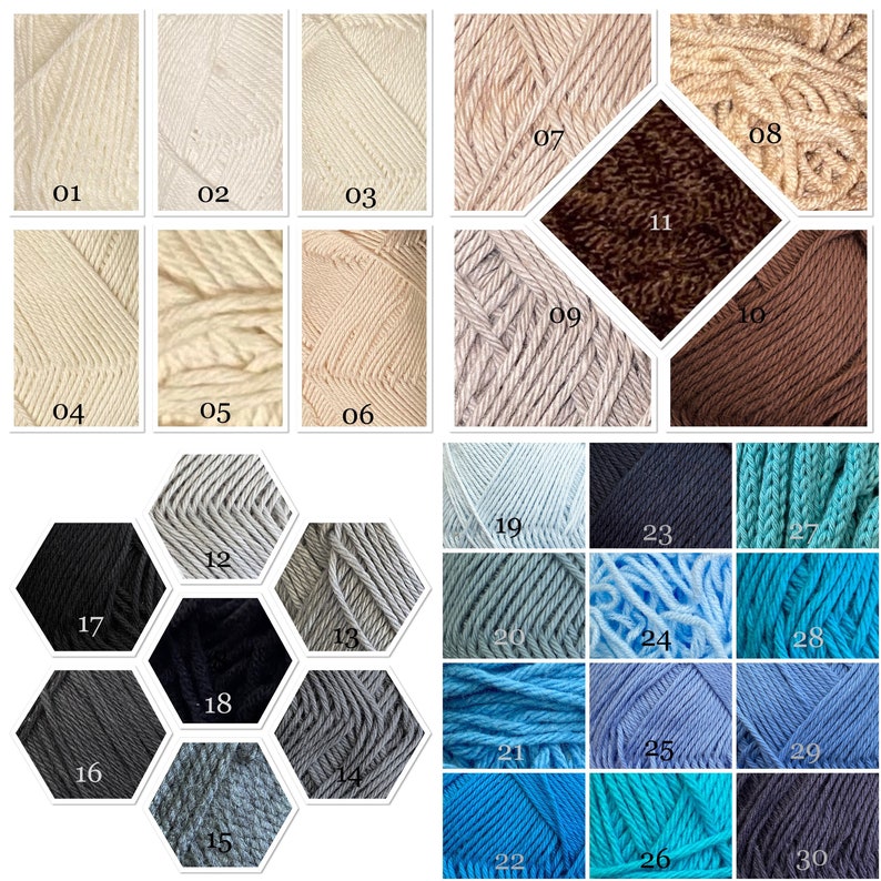 May include: A collection of 30 yarn skeins in various colors, including beige, brown, gray, blue, and black. The yarn is arranged in a grid pattern with numbers 01 through 30.