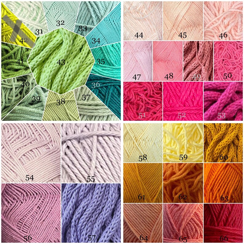 May include: A collection of 66 yarn skeins in various colors, including green, pink, yellow, orange, and purple. The yarn is arranged in a grid pattern with numbers 31 through 66 labeling each skein.