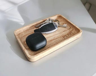 Personalised Catch All Tray In Ash, Engraved Name, Unique Organising Tray for Jewellery, Keys & Accessories, Custom Name Desk Tidy