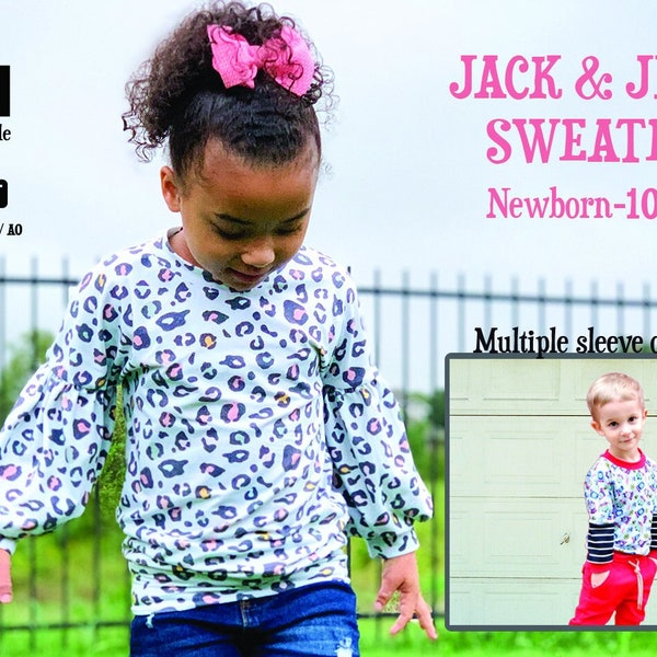 Kid's Sweater Digital PDF Pattern with PROJECTOR file. Bell sleeve, Lantern Sleeve, straight sleeve Jack and Jill/ toddler, baby, children's