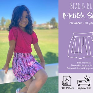 Matilda Skort Sizes Newborn - 10yrs, skirt with shorts, woven, knits, projector, A0, US letter, A4, layers, PDF Easy pattern