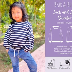 May include: A digital sewing pattern for a Jack and Jill sweater for newborns to 10 years old. The pattern includes options for lantern, bell, or straight sleeves, straight or bubble waistbands, and a hemmed option. The pattern is available as a PDF download and includes projector files and layers.