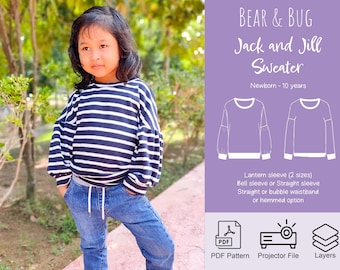 Kid's Sweater PDF Pattern: Bell, Lantern sleeve and Straight Sleeve. With projector file