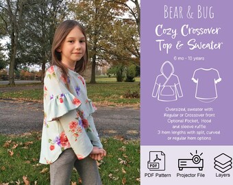 Kid's Sweater PDF Pattern: Hoodie, Pocket, Crossover front, ruffle sleeve, unisex, with Projector File