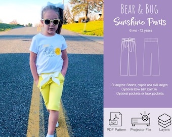 Kids Pants Sewing Pattern: Shorts, Capris, Bow belt (PDF Pattern)