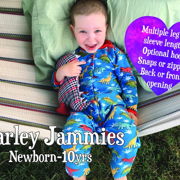 Kid's Pajama pattern with optional hood Newborn-10yrs  Digital PDF Marley Jammies, romper, coverall, zip, snaps pjs