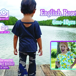 May include: A girl wearing a gray English Rose Top, standing on a wooden dock overlooking a lake. The top has a keyhole back and is available in sizes 6 months to 10 years. The image also includes a smaller image of a girl wearing a yellow lemon print top.