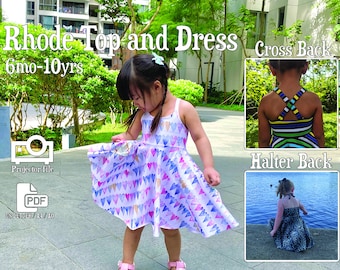 Kid's Top and Dress Sewing Pattern: Halter, Cross Straps, Circle Skirt, girls (PDF)